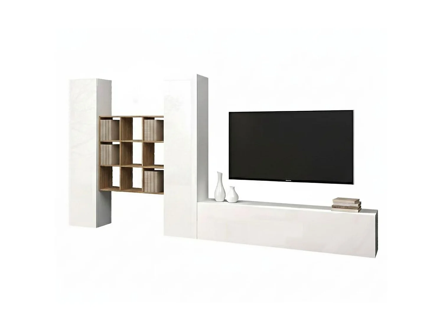 Élément mural Dcarbon, meuble TV 3 portes, Meuble de salon polyvalent, 100% Made in Italy, 270x30h180 cm, Blanc brillant et érable