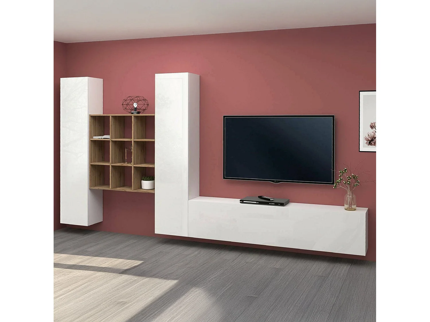 Élément mural Dcarbon, meuble TV 3 portes, Meuble de salon polyvalent, 100% Made in Italy, 270x30h180 cm, Blanc brillant et érable