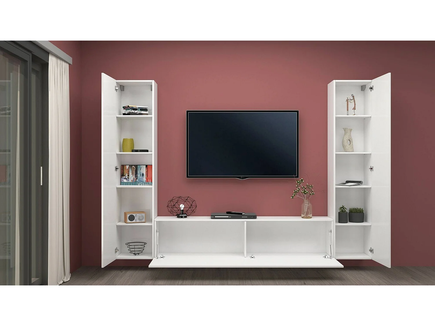 Système mural Ddurmis, meuble TV 3 portes, meuble de salon polyvalent, 100% Made in Italy, 260x30h180 cm, Blanc brillant