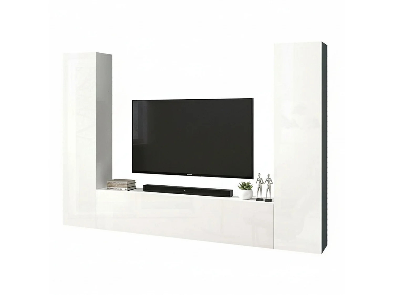 Système mural Ddurmis, meuble TV 3 portes, meuble de salon polyvalent, 100% Made in Italy, 260x30h180 cm, Blanc brillant