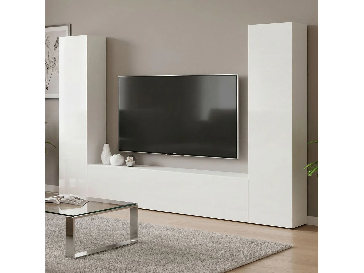 Système mural Ddurmis, meuble TV 3 portes, meuble de salon polyvalent, 100% Made in Italy, 260x30h180 cm, Blanc brillant