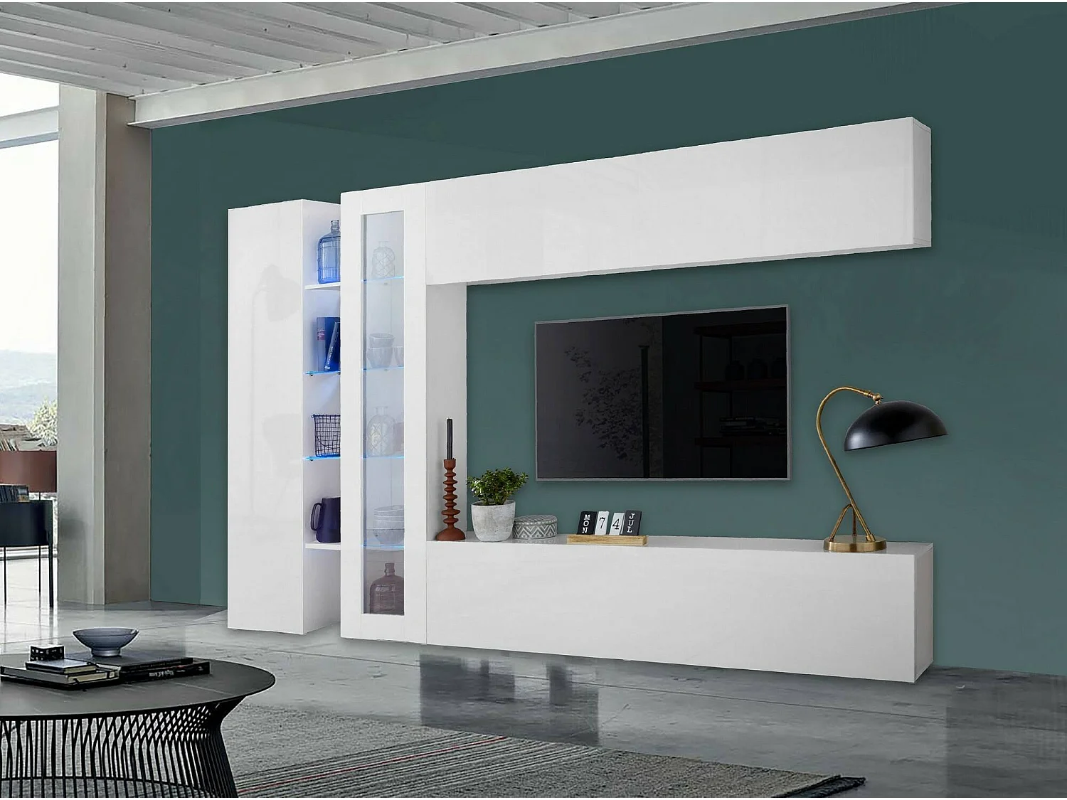 Dborin wandsysteem, 4-deurs tv-meubel woonkamerset, multifunctioneel woonkamermeubilair, 100% Made in Italy, 280x30x180 cm, glanzend wit