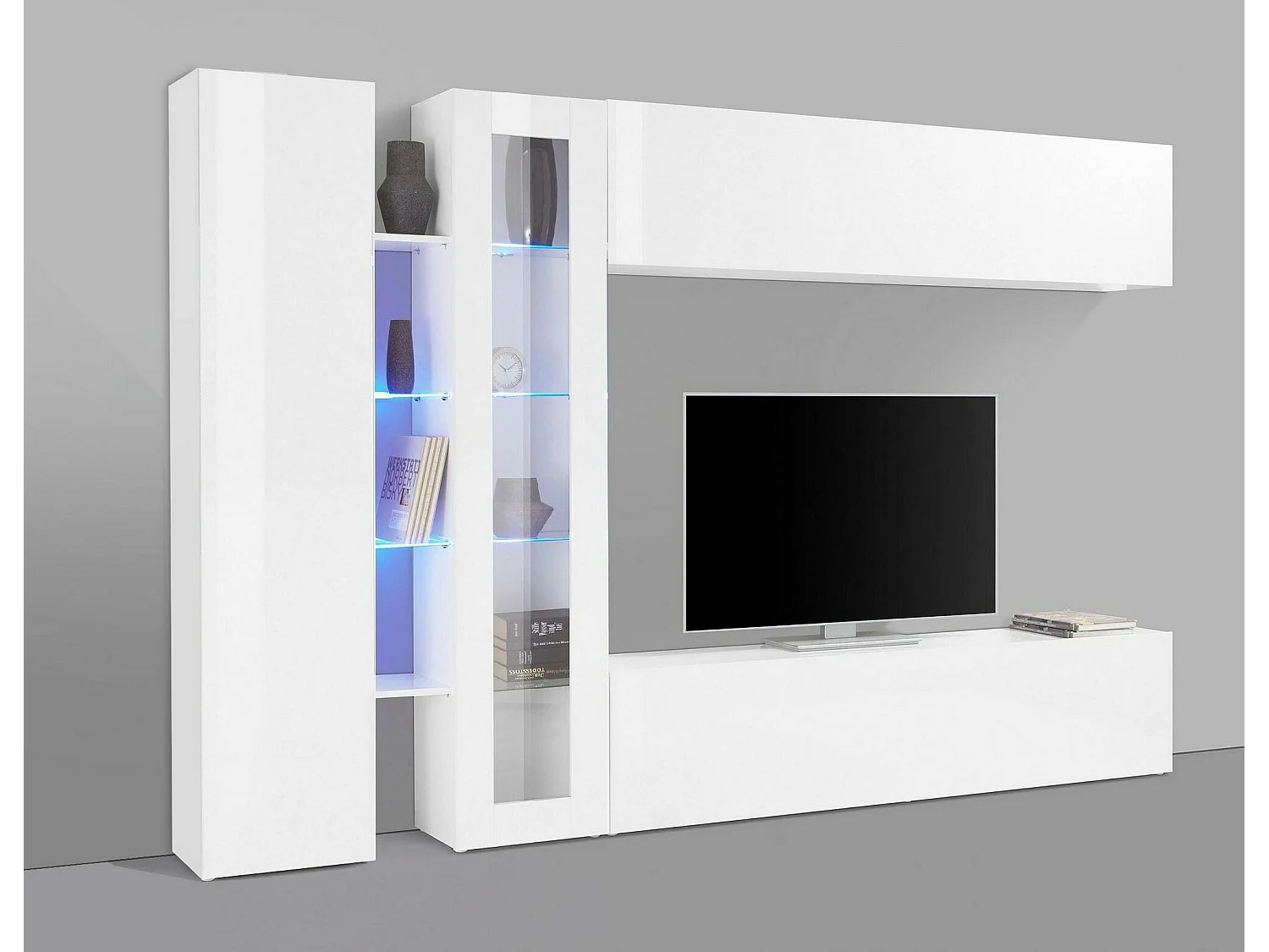 Système mural Dborin, meuble TV 4 portes, meuble de salon polyvalent, 100% Made in Italy, 280x30x180 cm, blanc brillant
