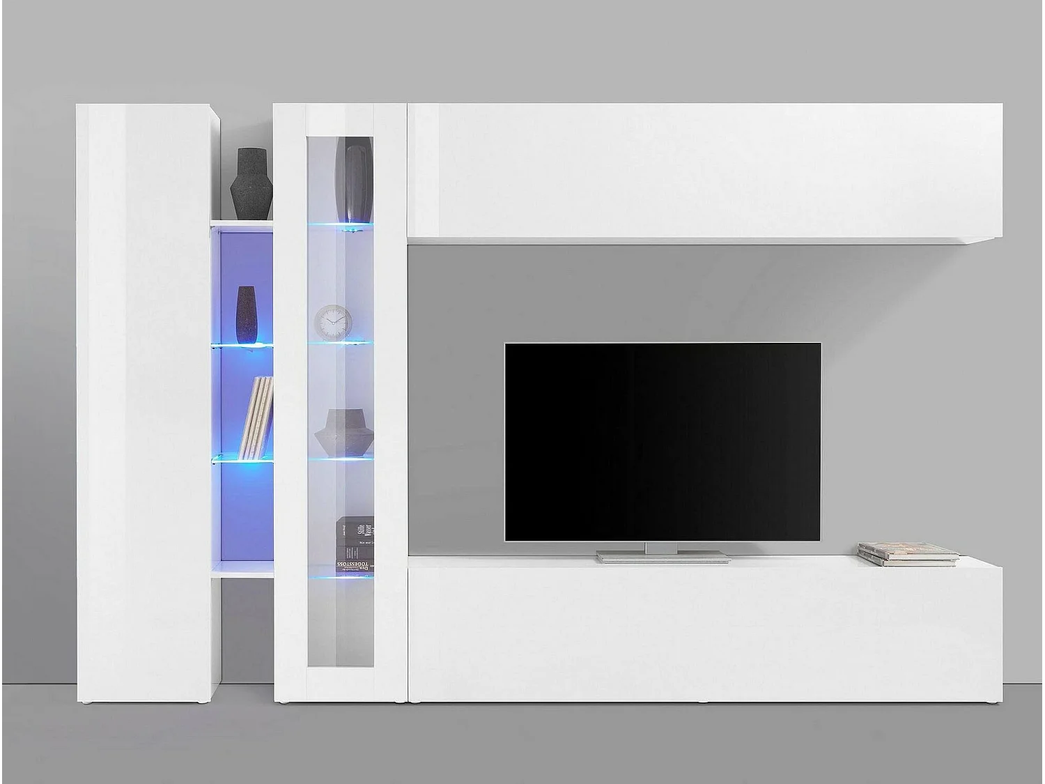Système mural Dborin, meuble TV 4 portes, meuble de salon polyvalent, 100% Made in Italy, 280x30x180 cm, blanc brillant