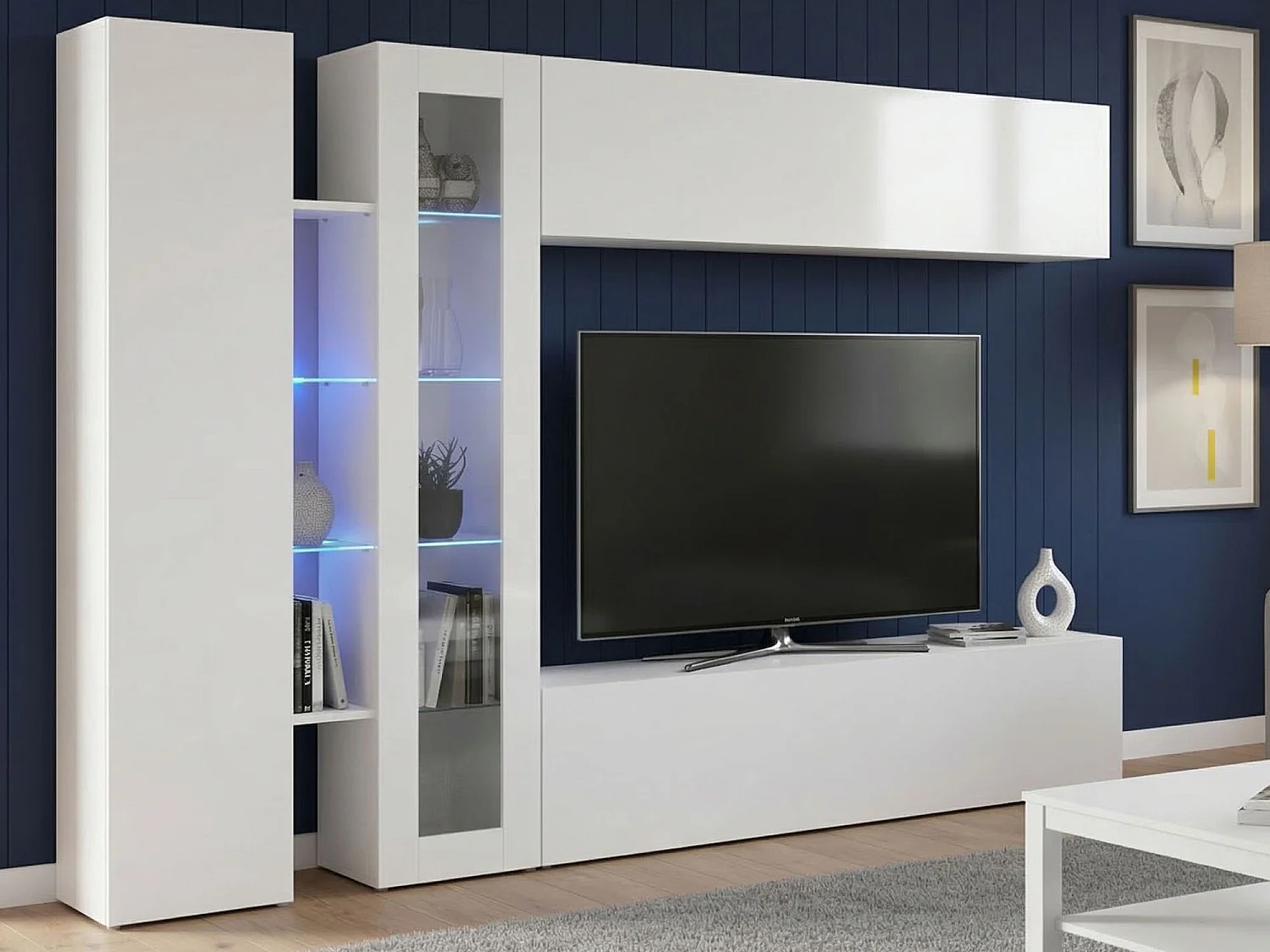 Système mural Dborin, meuble TV 4 portes, meuble de salon polyvalent, 100% Made in Italy, 280x30x180 cm, blanc brillant
