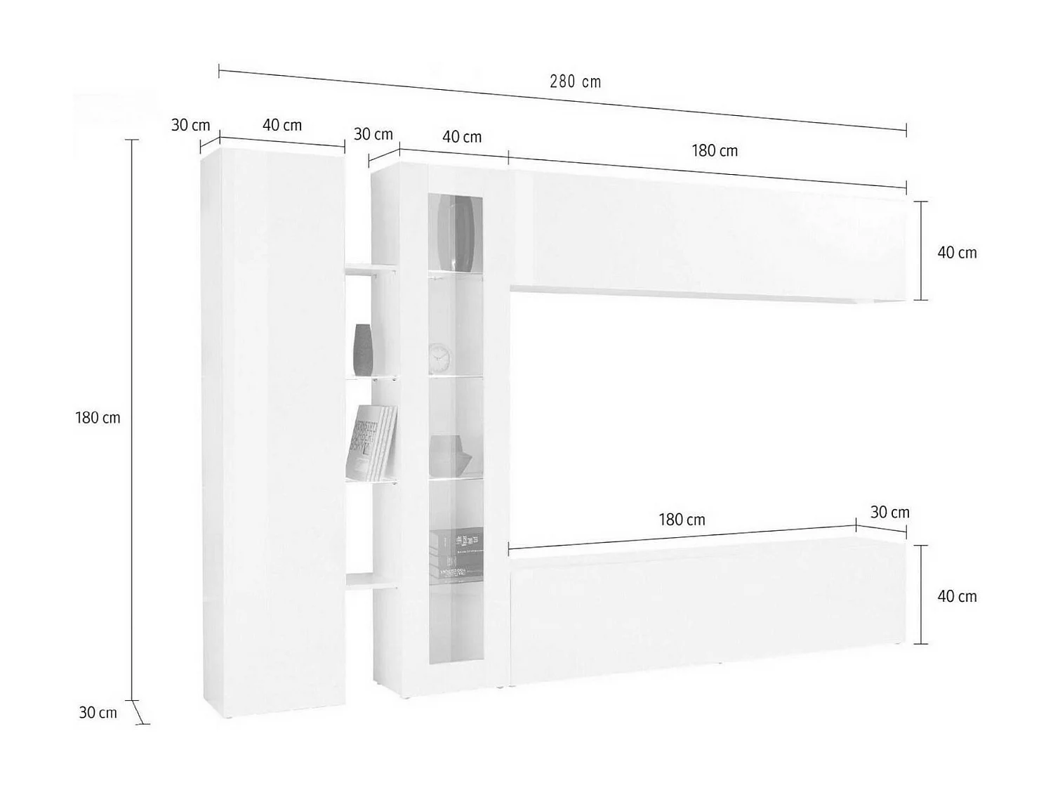 Dborin wandsysteem, 4-deurs tv-meubel woonkamerset, multifunctioneel woonkamermeubilair, 100% Made in Italy, 280x30x180 cm, antraciet