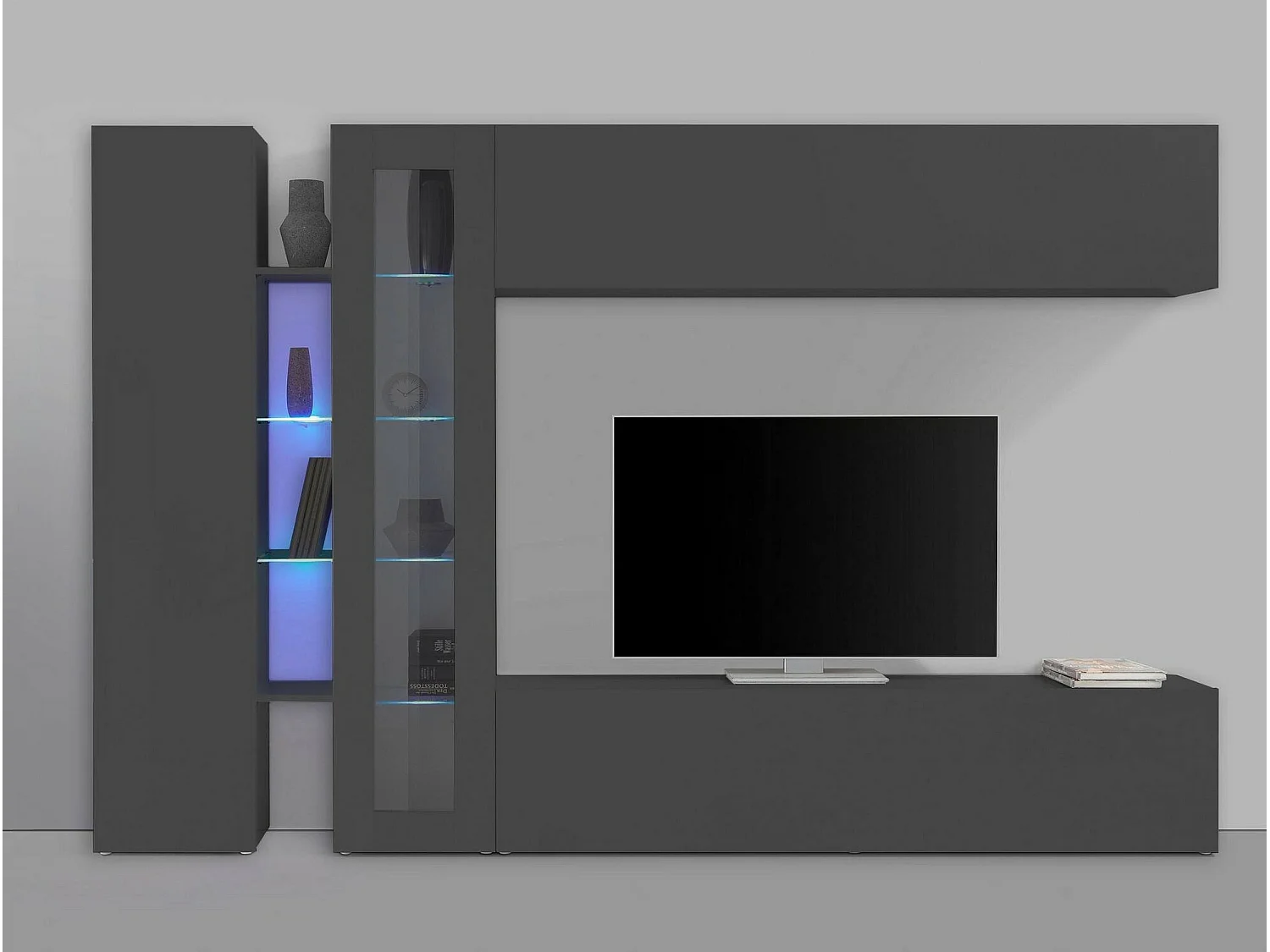 Système mural Dborin, meuble TV 4 portes, meuble de salon polyvalent, 100% Made in Italy, 280x30x180 cm, Anthracite