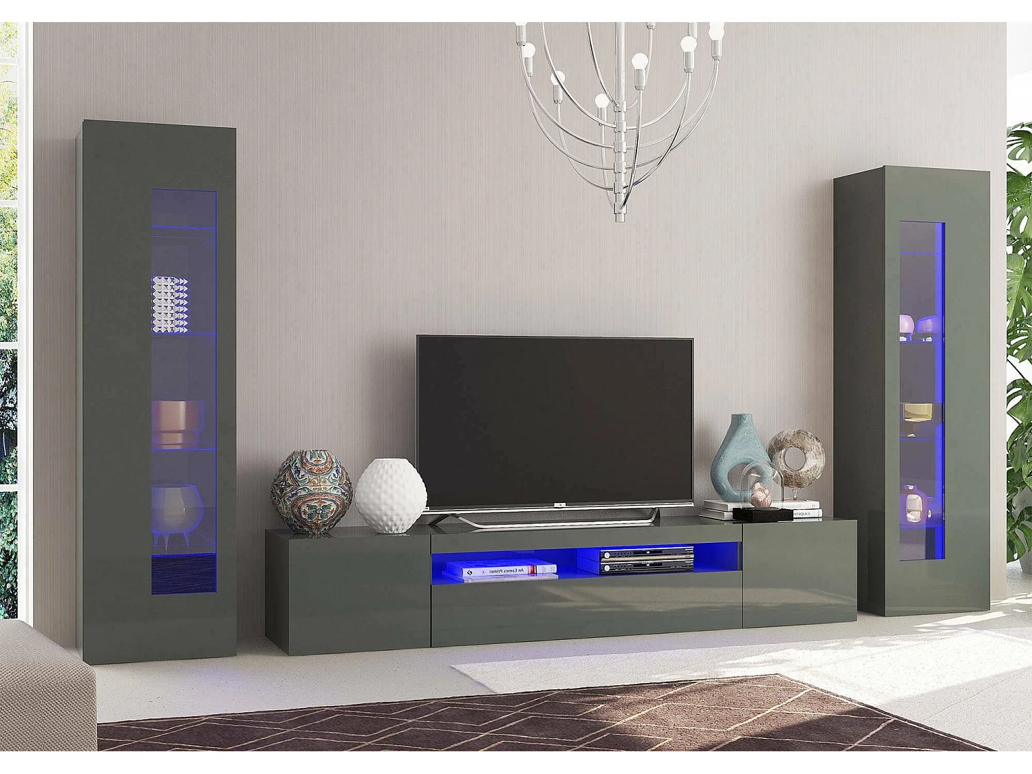 Dmora - Parete attrezzata Aslhey, cm 290x40h162, Antracite lucido