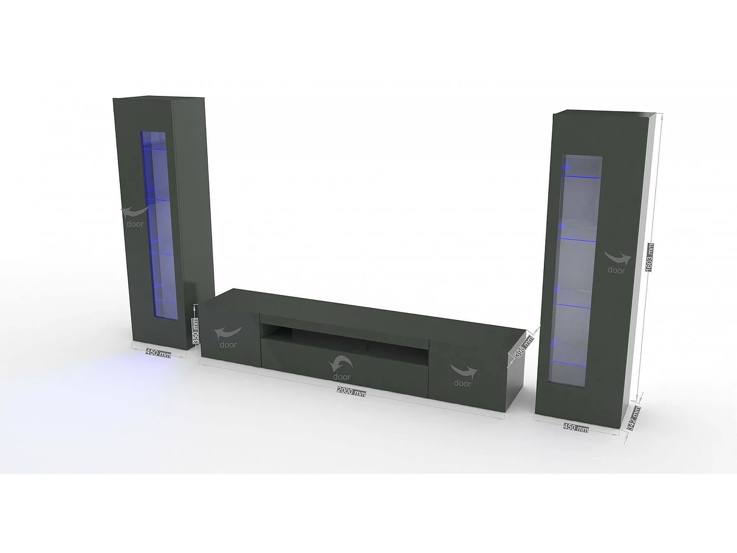 Dmora - Parete attrezzata Aslhey, cm 290x40h162, Antracite lucido