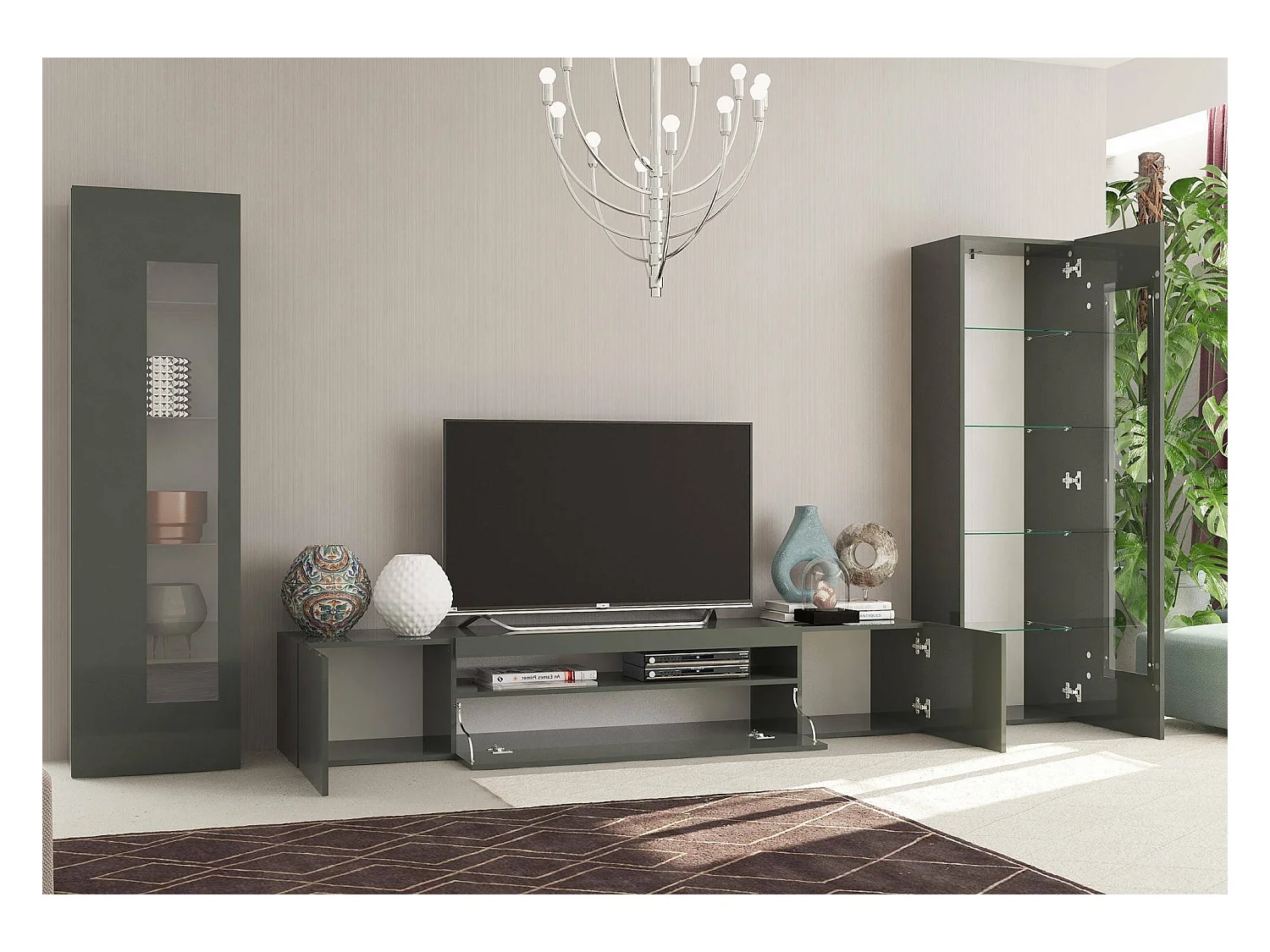 Dmora - Parete attrezzata Aslhey, cm 290x40h162, Antracite lucido