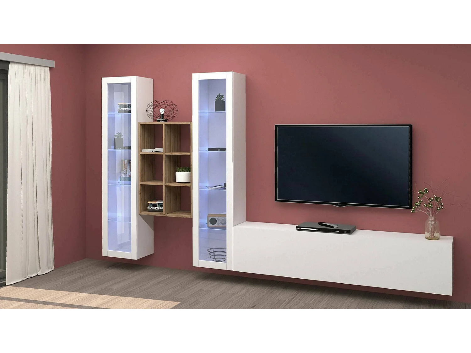 Système mural Dcorrei, meuble TV 3 portes, Meuble de salon polyvalent avec vitrine et lumière LED, 100% Made in Italy, 320x30h180 cm, Blanc brillant