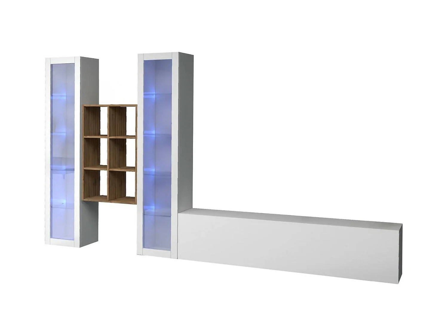 Système mural Dcorrei, meuble TV 3 portes, Meuble de salon polyvalent avec vitrine et lumière LED, 100% Made in Italy, 320x30h180 cm, Blanc brillant
