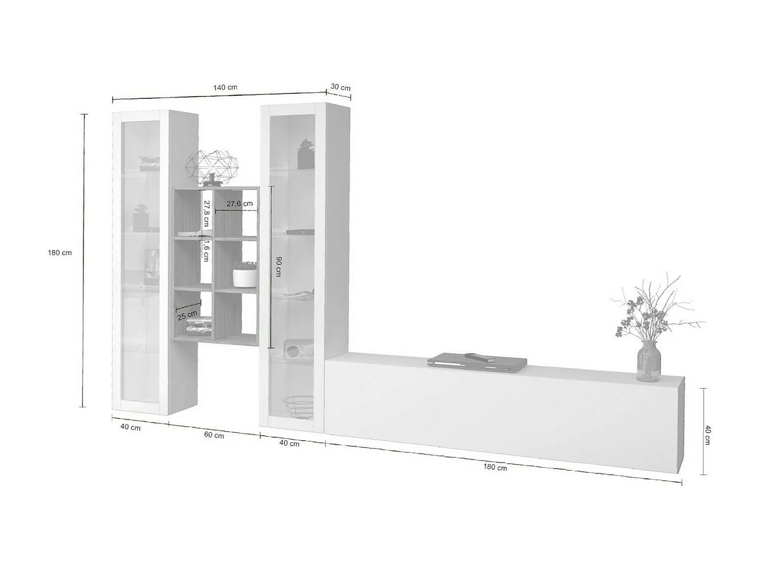 Système mural Dcorrei, meuble TV 3 portes, Meuble de salon polyvalent avec vitrine et lumière LED, 100% Made in Italy, 320x30h180 cm, Blanc brillant