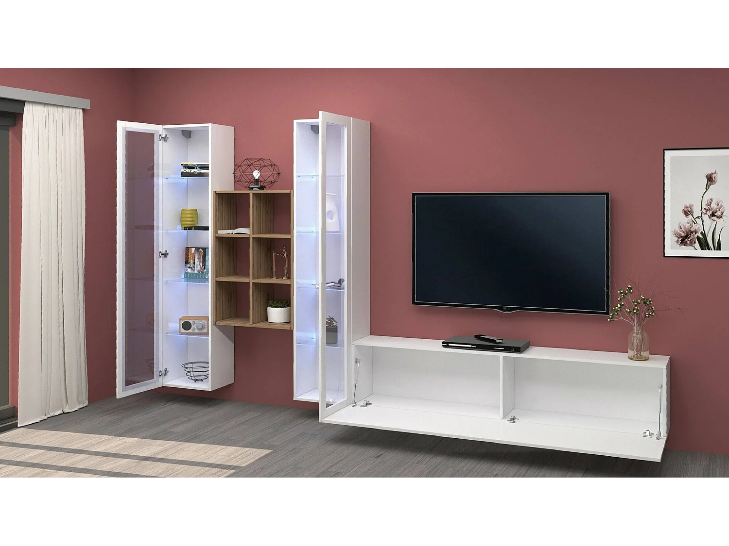 Système mural Dcorrei, meuble TV 3 portes, Meuble de salon polyvalent avec vitrine et lumière LED, 100% Made in Italy, 320x30h180 cm, Blanc brillant