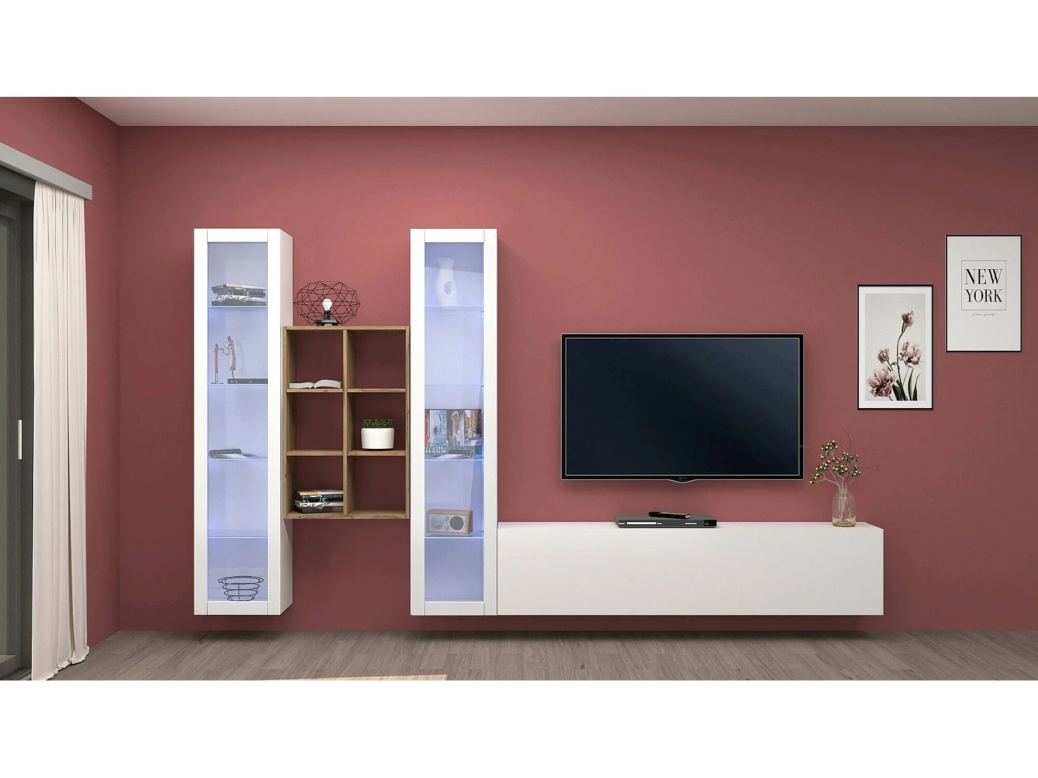 Dcorrei wandmeubel, 3-deurs TV-meubel woonkamerset, Multifunctioneel woonkamermeubel met vitrine en LED-licht, 100% Made in Italy, 320x30h180 cm, Glanzend wit