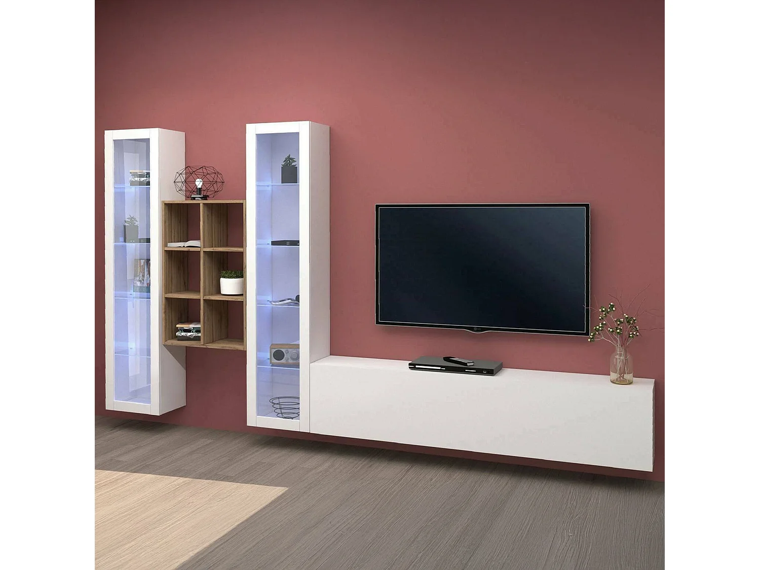 Système mural Dcorrei, meuble TV 3 portes, Meuble de salon polyvalent avec vitrine et lumière LED, 100% Made in Italy, 320x30h180 cm, Blanc brillant