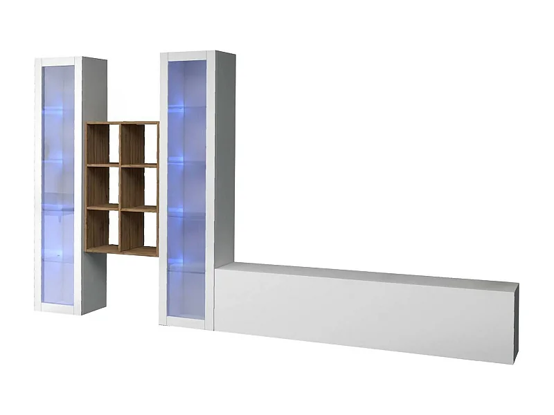 Móvel de parede Dcorrei, móvel de sala de TV com 3 portas, móvel de sala multiuso com vitrine e luz LED, 100% Fabricado na Itália, 320x30h180 cm, Branco brilhante