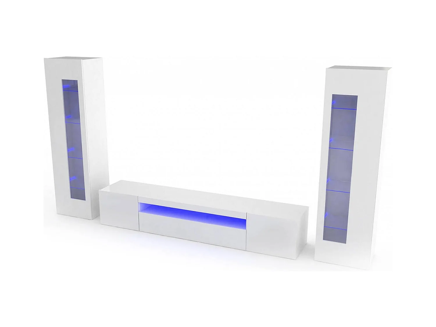 Ensemble mural Dcontin, meuble TV pour salon, meuble de salon polyvalent avec lumière LED, 100% Made in Italy, 290x40h162 cm, Blanc brillant