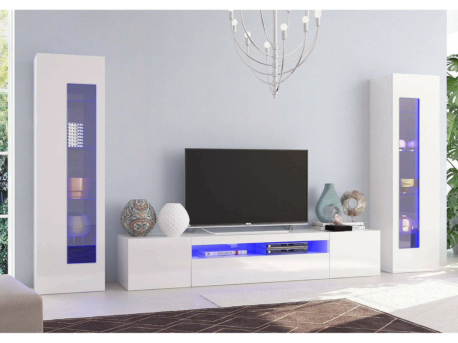 Ensemble mural Dcontin, meuble TV pour salon, meuble de salon polyvalent avec lumière LED, 100% Made in Italy, 290x40h162 cm, Blanc brillant