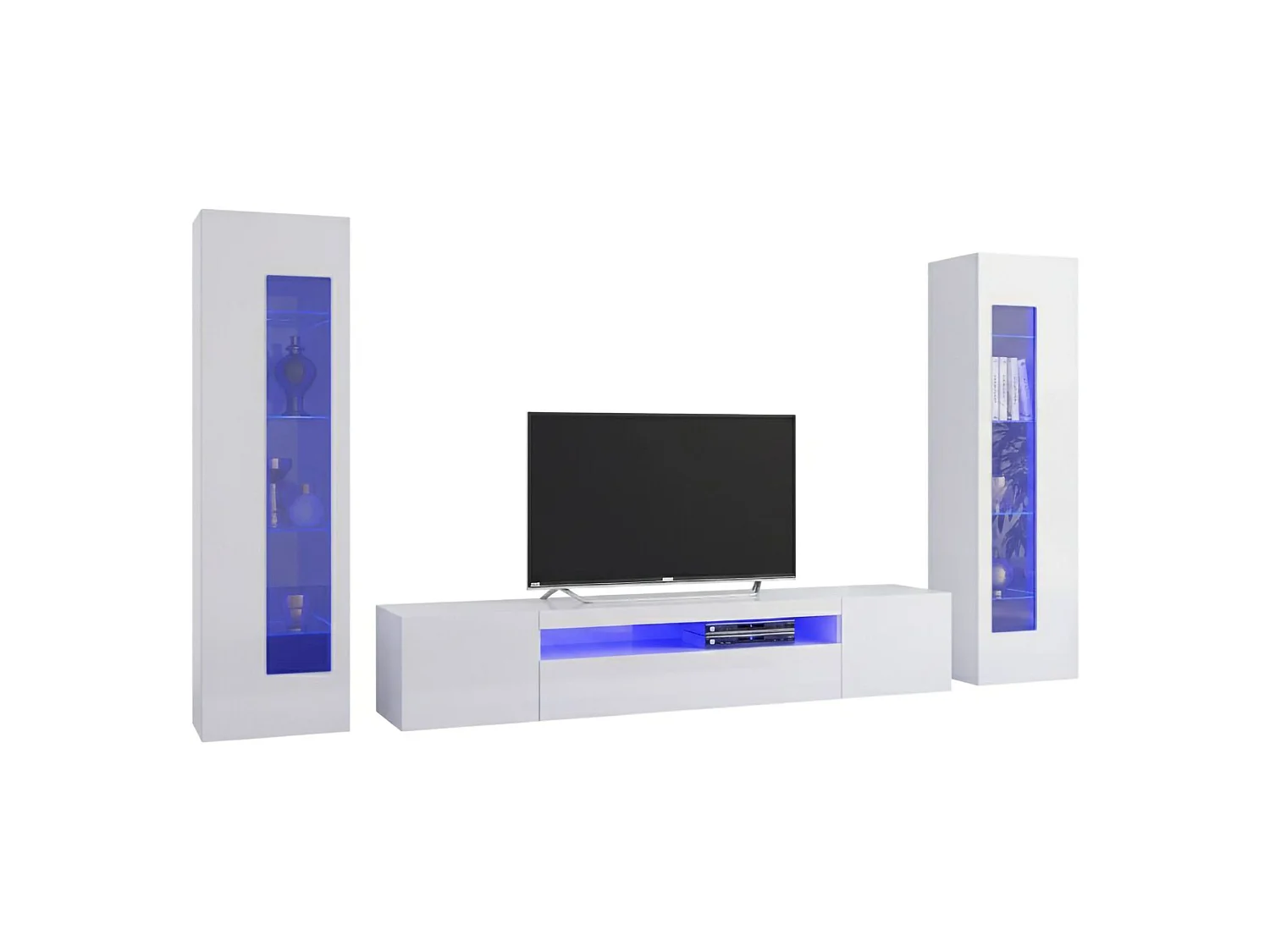 Ensemble mural Dcontin, meuble TV pour salon, meuble de salon polyvalent avec lumière LED, 100% Made in Italy, 290x40h162 cm, Blanc brillant