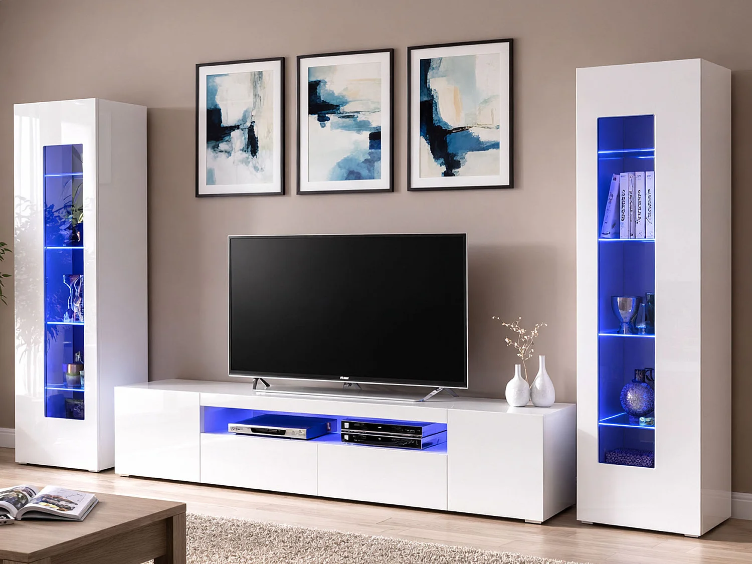 Ensemble mural Dcontin, meuble TV pour salon, meuble de salon polyvalent avec lumière LED, 100% Made in Italy, 290x40h162 cm, Blanc brillant