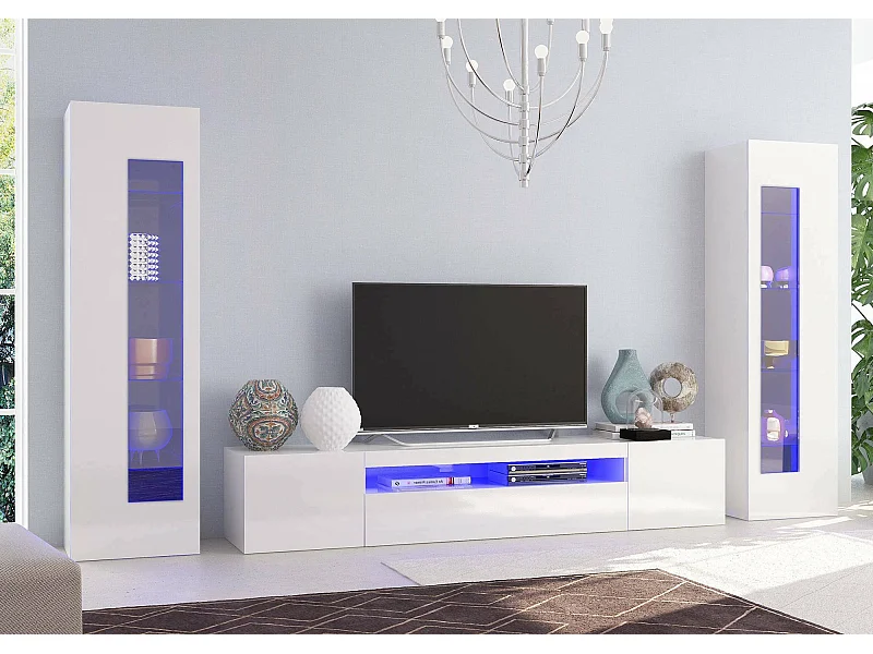 Ensemble mural Dcontin, meuble TV pour salon, meuble de salon polyvalent avec lumière LED, 100% Made in Italy, 290x40h162 cm, Blanc brillant