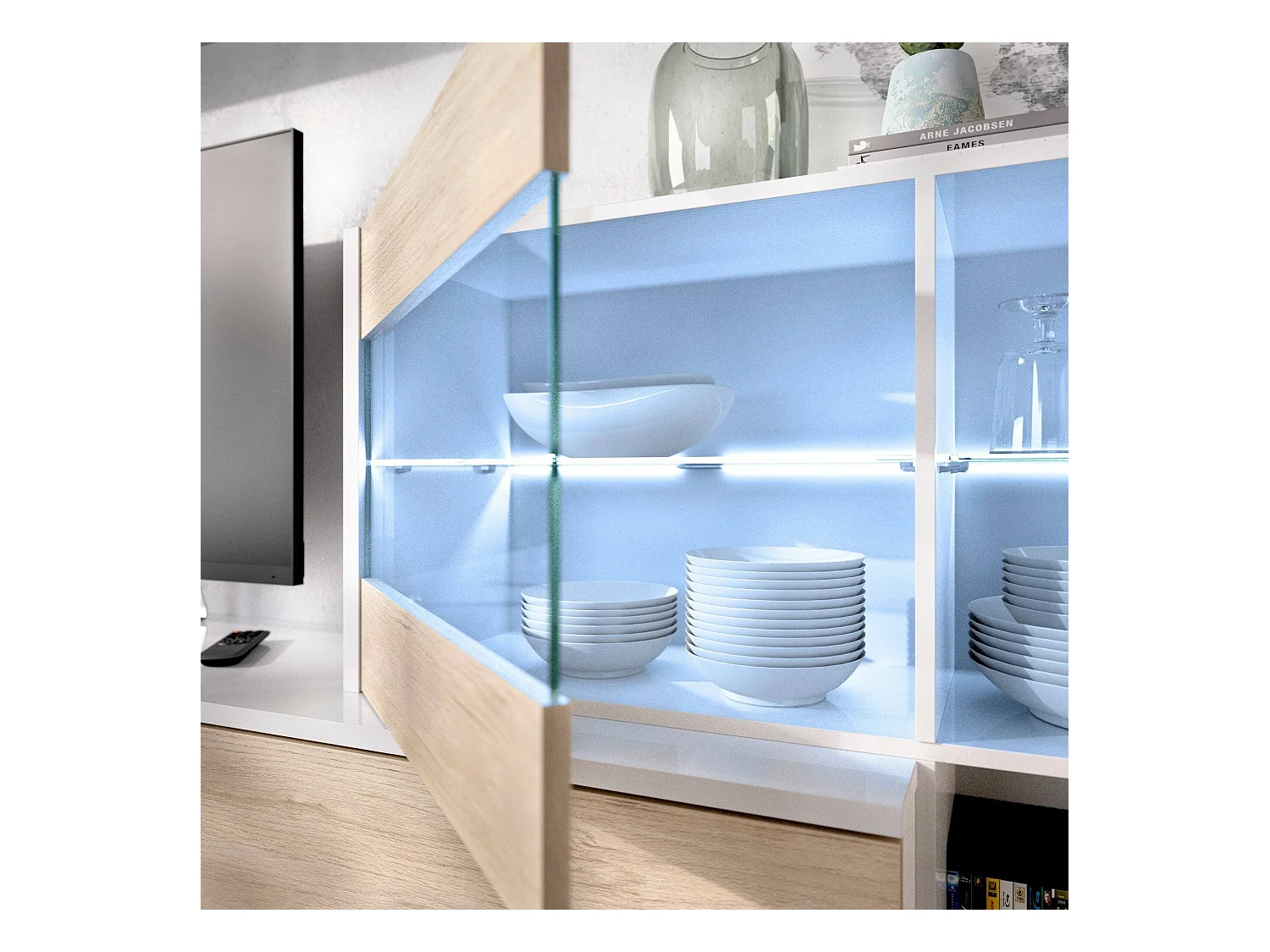 Mueble de pared Daade, Conjunto modular de salón esquinero, Mueble de salón multiposición con luz LED, 260x41h180 cm, Roble y Blanco