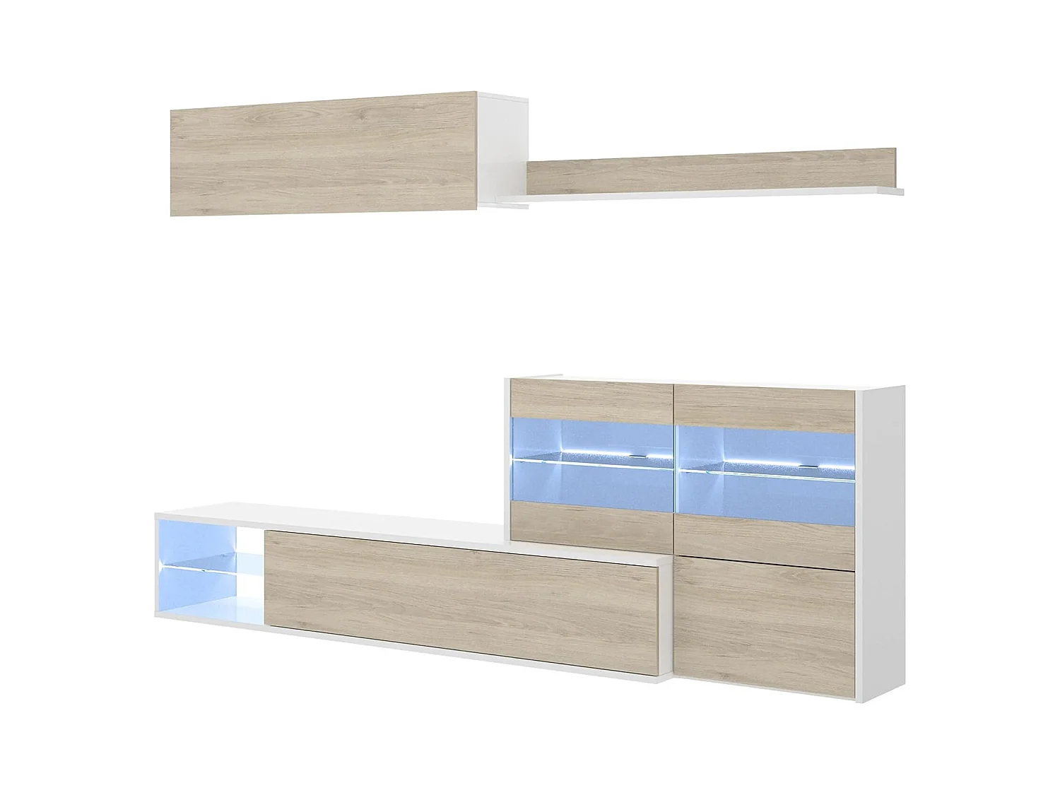 Daade wandsysteem, Modulaire hoekwoonkamerset, Multi-positie woonkamermeubel met LED-licht, 260x41h180 cm, Eiken en Wit