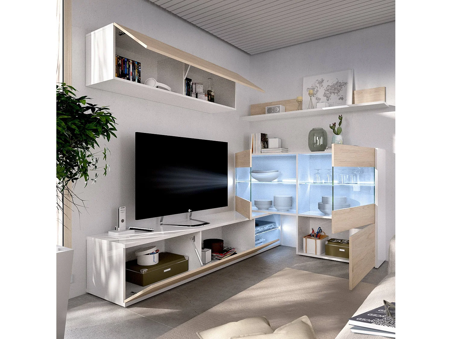 Daade wandsysteem, Modulaire hoekwoonkamerset, Multi-positie woonkamermeubel met LED-licht, 260x41h180 cm, Eiken en Wit