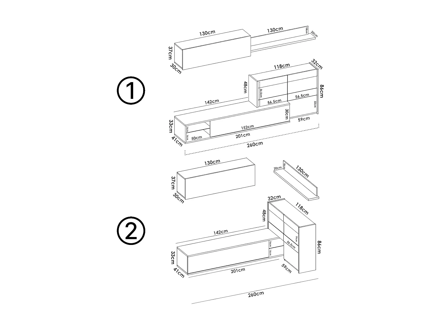 Mueble de pared Daade, Conjunto modular de salón esquinero, Mueble de salón multiposición con luz LED, 260x41h180 cm, Roble y Blanco