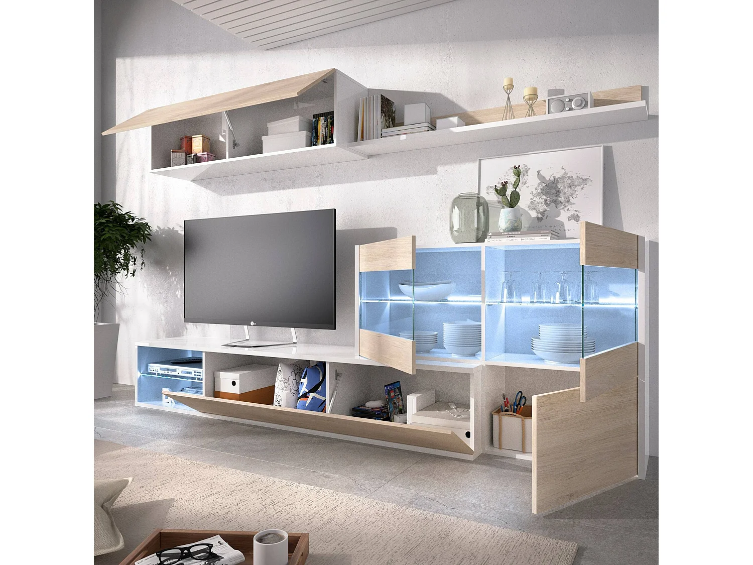 Mueble de pared Daade, Conjunto modular de salón esquinero, Mueble de salón multiposición con luz LED, 260x41h180 cm, Roble y Blanco