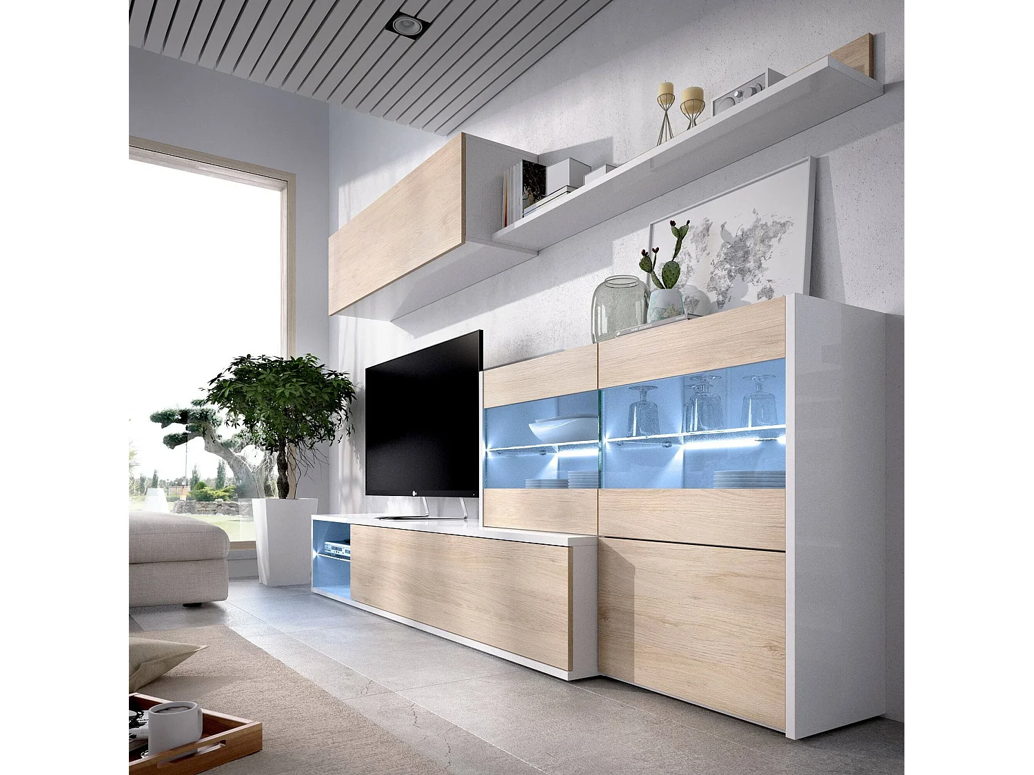 Mueble de pared Daade, Conjunto modular de salón esquinero, Mueble de salón multiposición con luz LED, 260x41h180 cm, Roble y Blanco