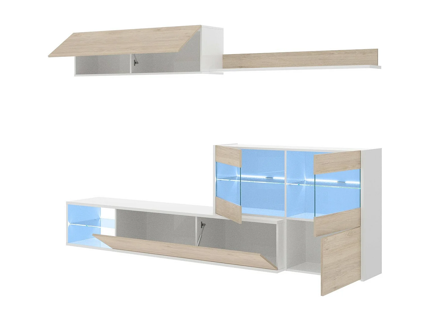 Sistema de parede Daade, Conjunto modular de sala de canto, Móveis de sala multiposições com luz LED, 260x41h180 cm, Carvalho e Branco