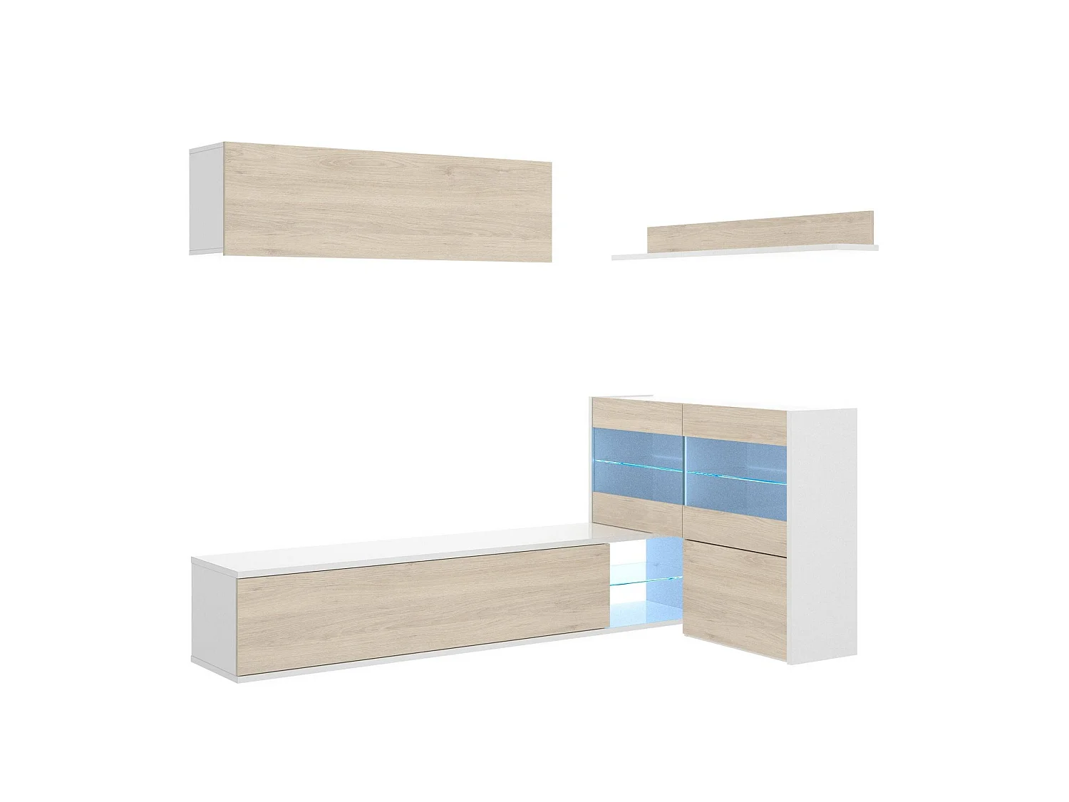 Wohnwand Daade, Modulares Eck-Wohnzimmerset, Multipositions-Wohnzimmermöbel mit LED-Licht, 260x41h180 cm, Eiche und WeiÃŸ
