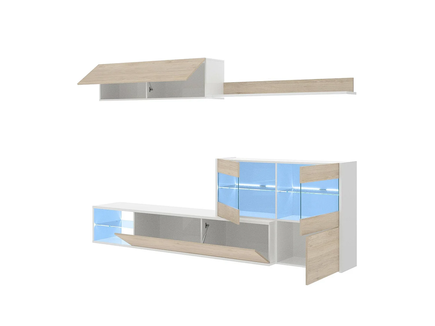 Sistema de parede Daade, Conjunto modular de sala de canto, Móveis de sala multiposições com luz LED, 260x41h180 cm, Carvalho e Branco