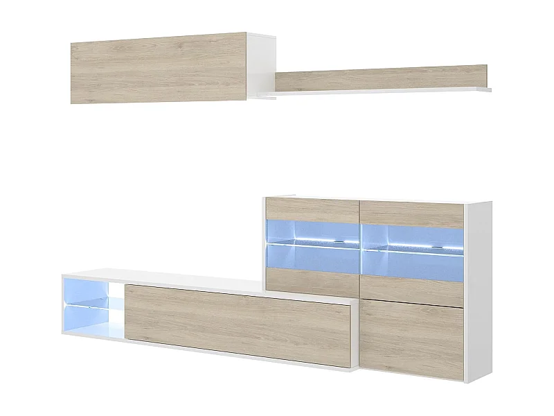 Daade wandsysteem, Modulaire hoekwoonkamerset, Multi-positie woonkamermeubel met LED-licht, 260x41h180 cm, Eiken en Wit