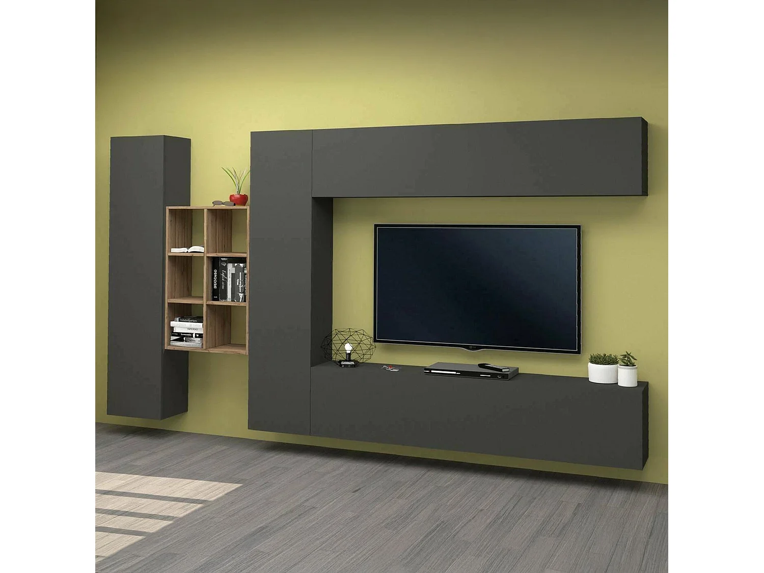 Dcaldar wandsysteem, 4-deurs tv-meubel woonkamerset, multifunctioneel woonkamermeubilair, 100% Made in Italy, 280x30h180 cm, antraciet en esdoorn