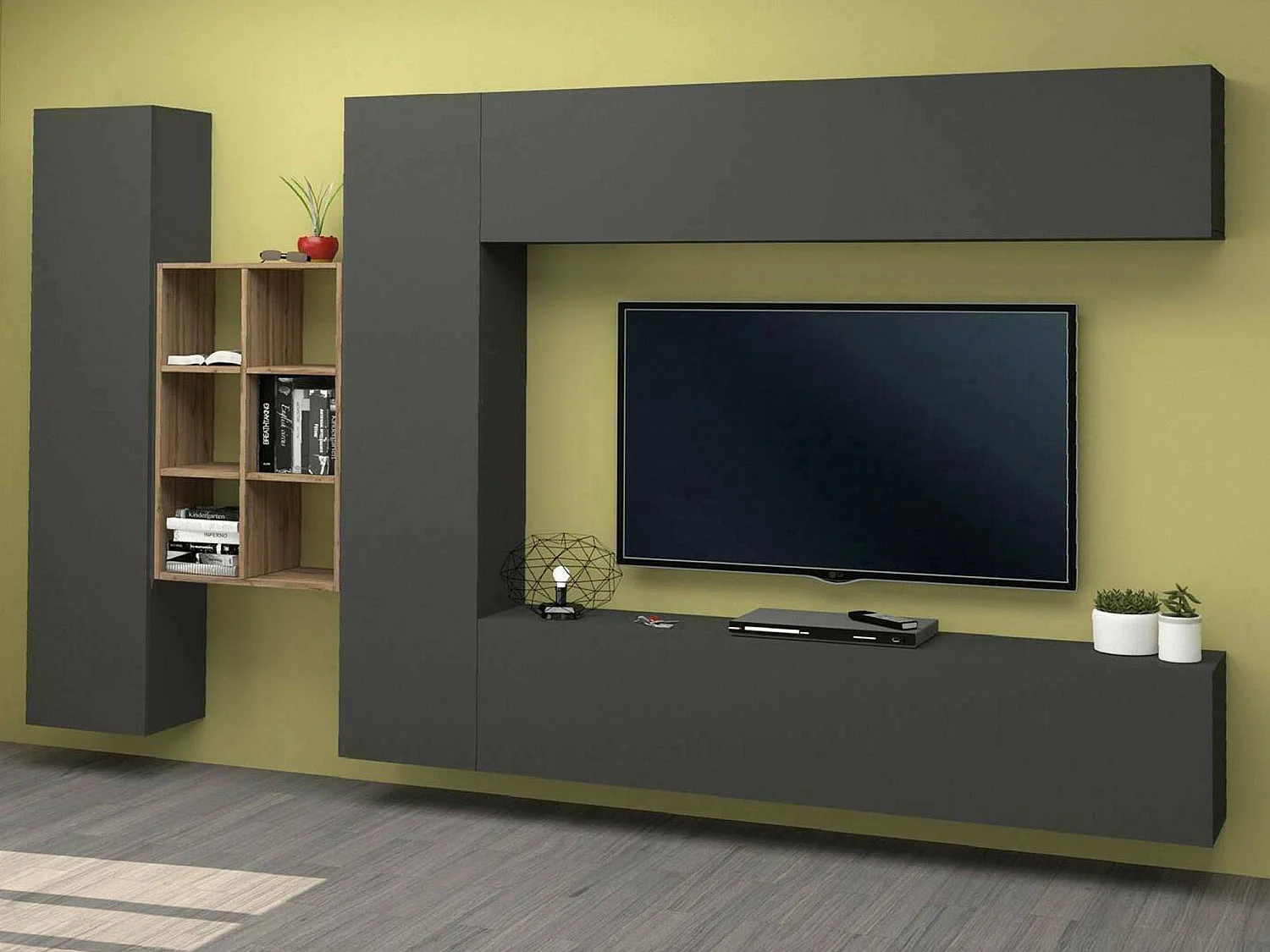 Dcaldar wandsysteem, 4-deurs tv-meubel woonkamerset, multifunctioneel woonkamermeubilair, 100% Made in Italy, 280x30h180 cm, antraciet en esdoorn