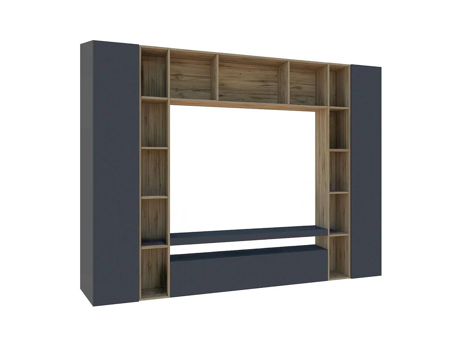 Ddragon wandsysteem, 3-deurs tv-meubel woonkamerset, multifunctioneel woonkamermeubilair, 100% Made in Italy, 270x35h210 cm, antraciet en eiken