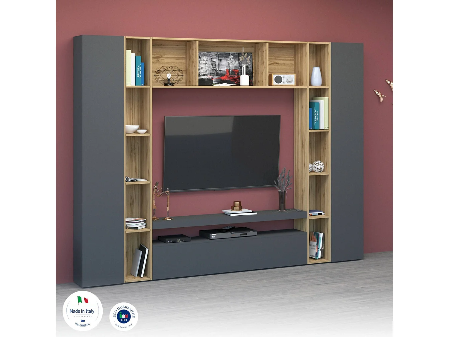 Dmora - Parete attrezzata Austis, cm 270x35h210, Antracite e Rovere