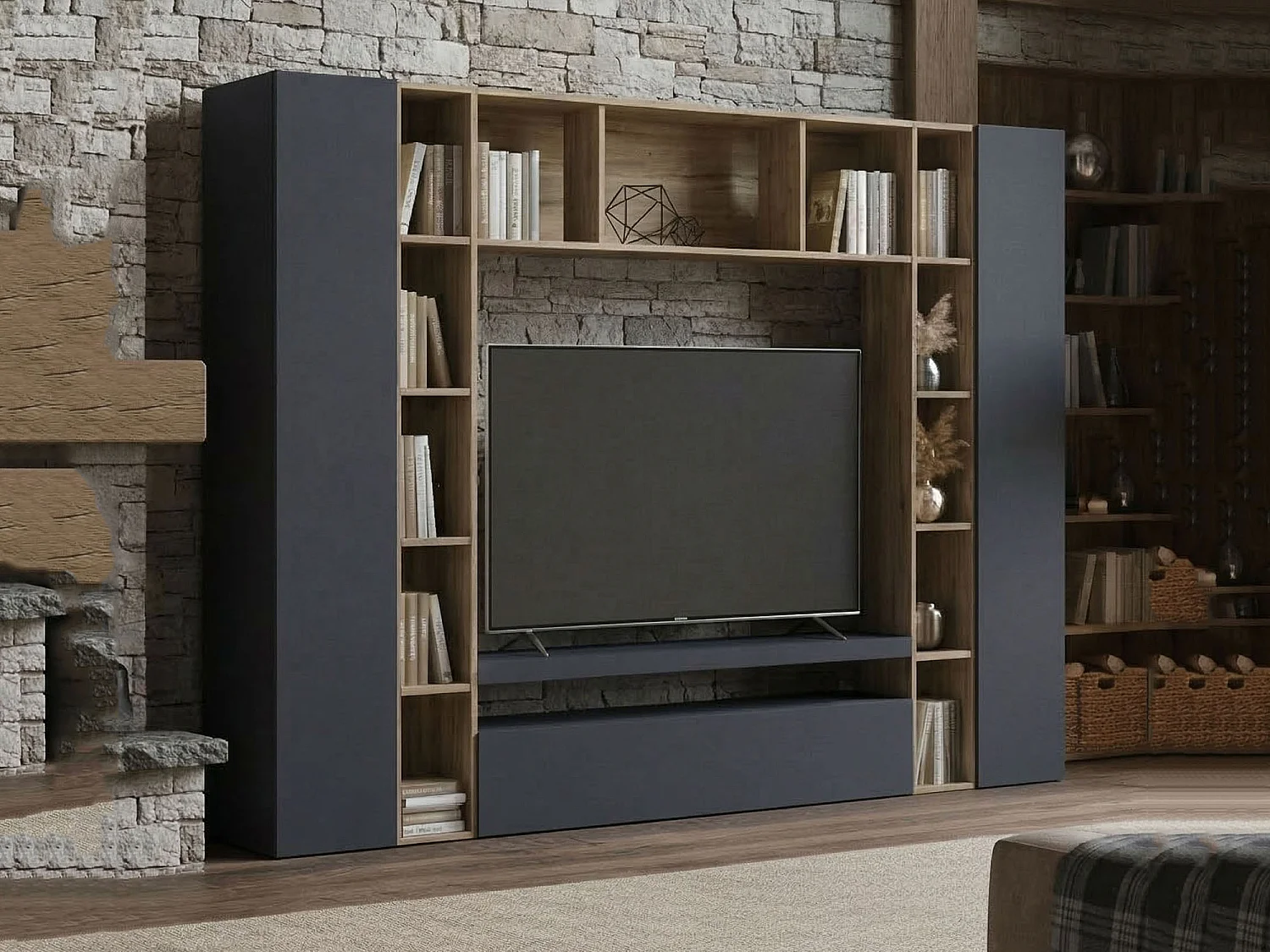 Système mural Ddragon, meuble TV 3 portes, Meuble de salon polyvalent, 100% Made in Italy, 270x35h210 cm, Anthracite et Chêne