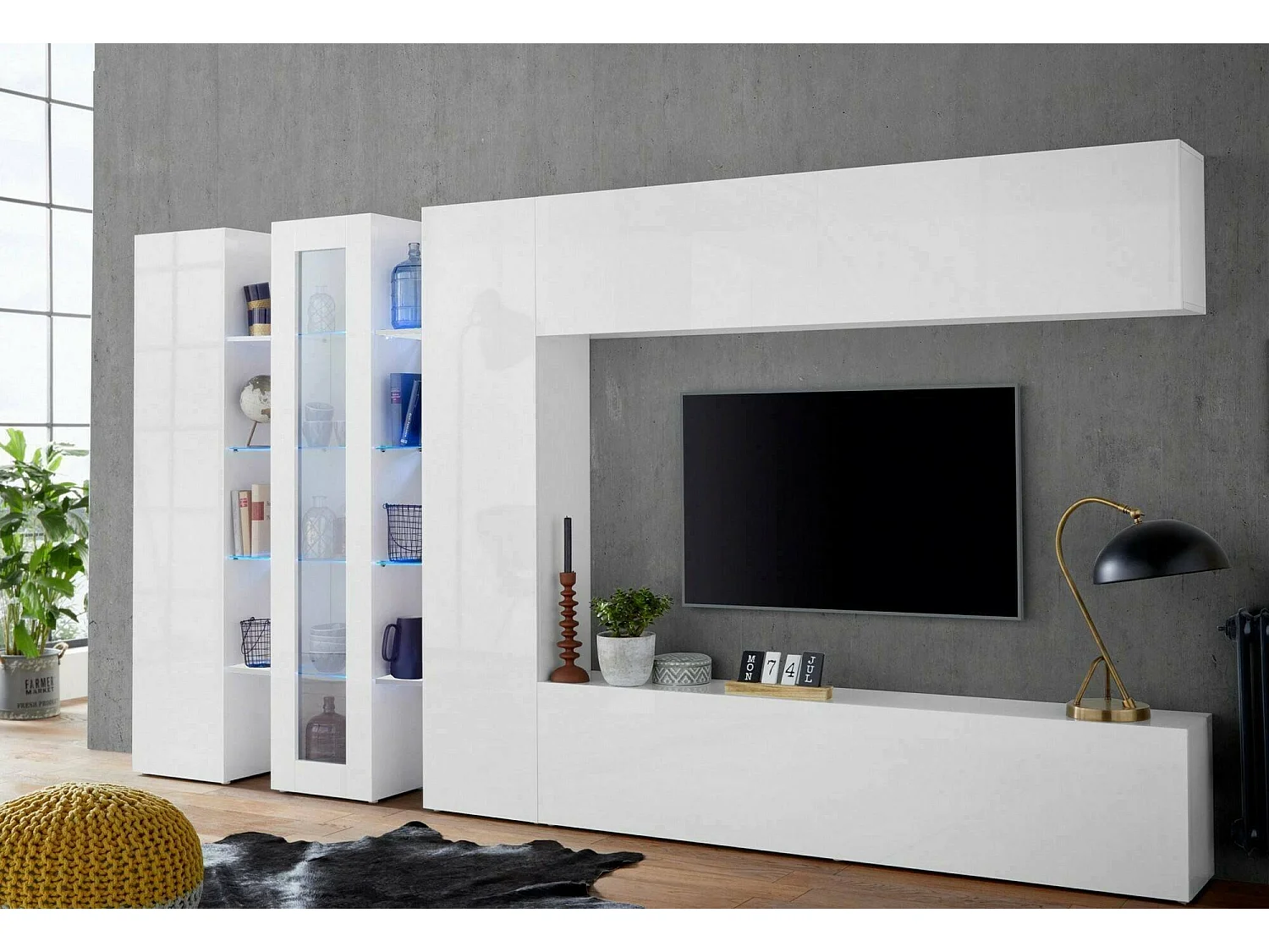 Élément mural Darcadi, meuble TV 3 portes, Meuble de salon polyvalent avec lumière LED, 100% Made in Italy, 340x30h180 cm, Blanc brillant