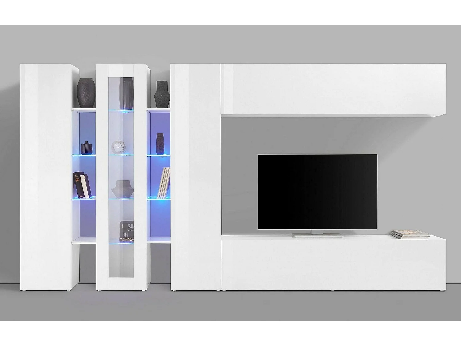 Élément mural Darcadi, meuble TV 3 portes, Meuble de salon polyvalent avec lumière LED, 100% Made in Italy, 340x30h180 cm, Blanc brillant