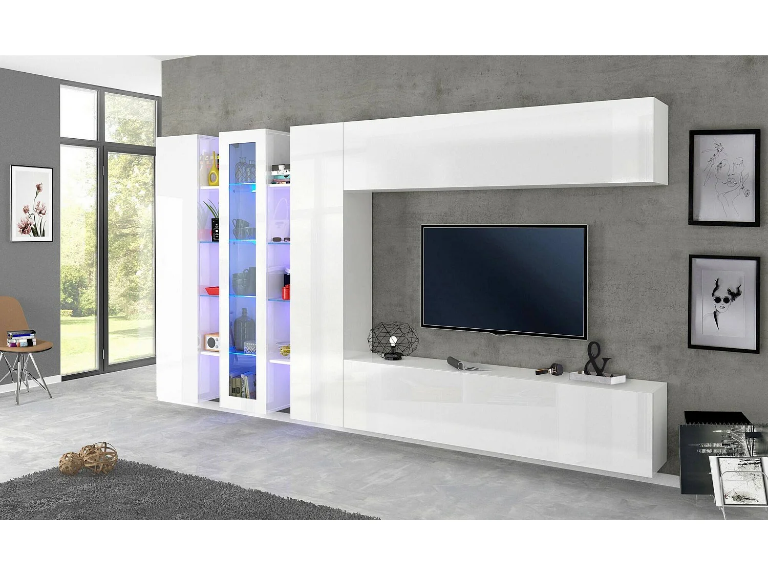 Élément mural Darcadi, meuble TV 3 portes, Meuble de salon polyvalent avec lumière LED, 100% Made in Italy, 340x30h180 cm, Blanc brillant