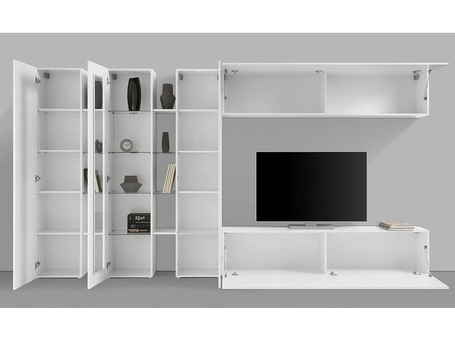 Élément mural Darcadi, meuble TV 3 portes, Meuble de salon polyvalent avec lumière LED, 100% Made in Italy, 340x30h180 cm, Blanc brillant