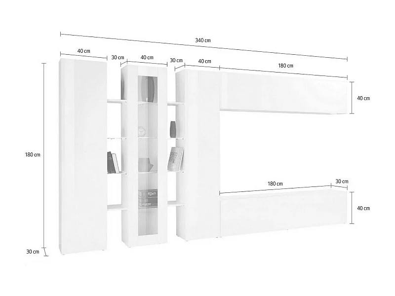 Wohnzimmermöbel Darcadi, Wohnzimmer-Set TV-Möbel mit 3 Türen, Mehrzweck-Wohnzimmermöbel mit LED-Beleuchtung, 100 % Made in Italy, cm 340x30h180, glänzend weiÃŸ