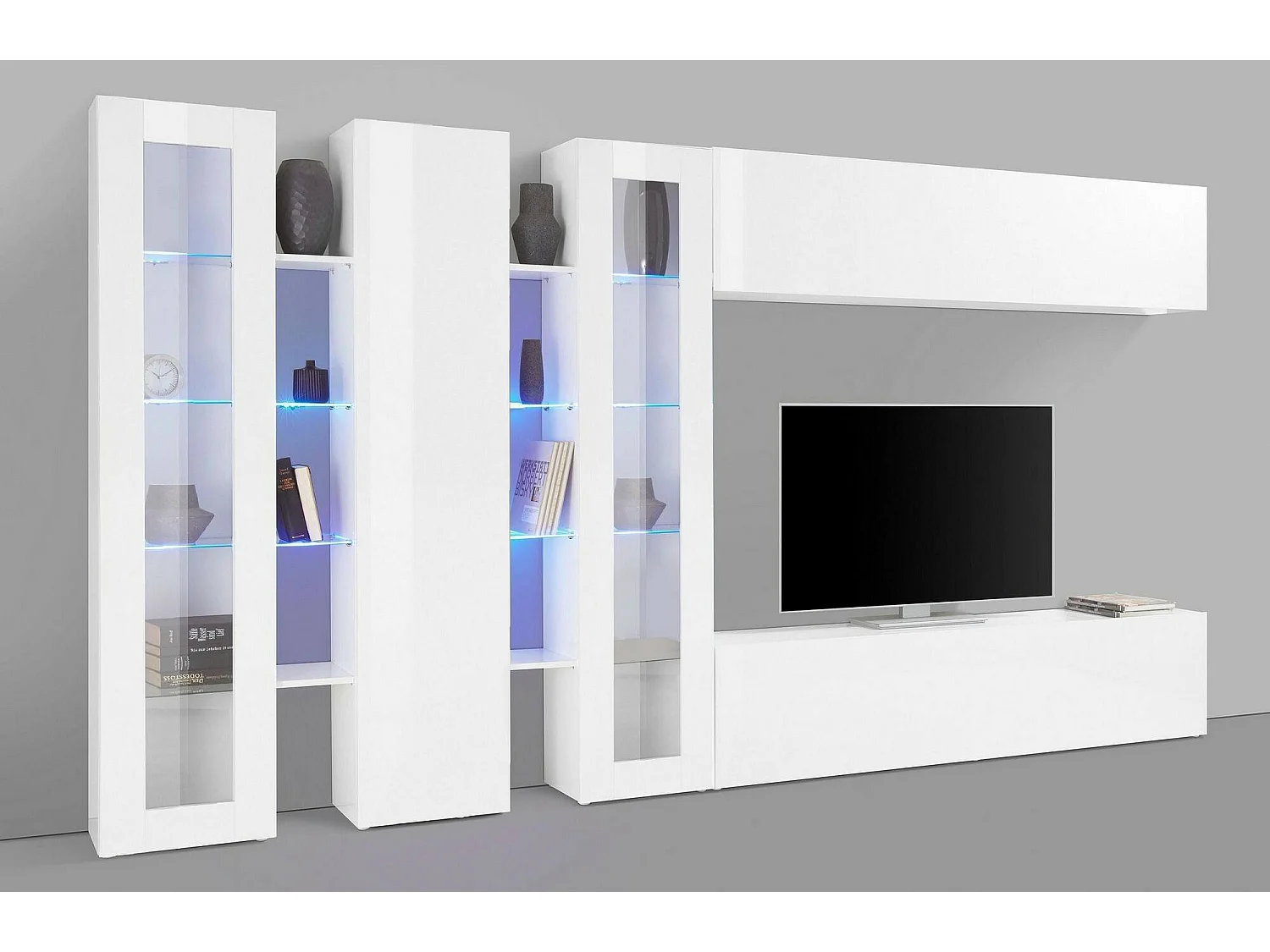 Dbenal wandsysteem, 5-deurs TV-meubel woonkamerset, Multifunctioneel woonkamermeubilair, 100% Made in Italy, 340x30h180 cm, Glanzend wit