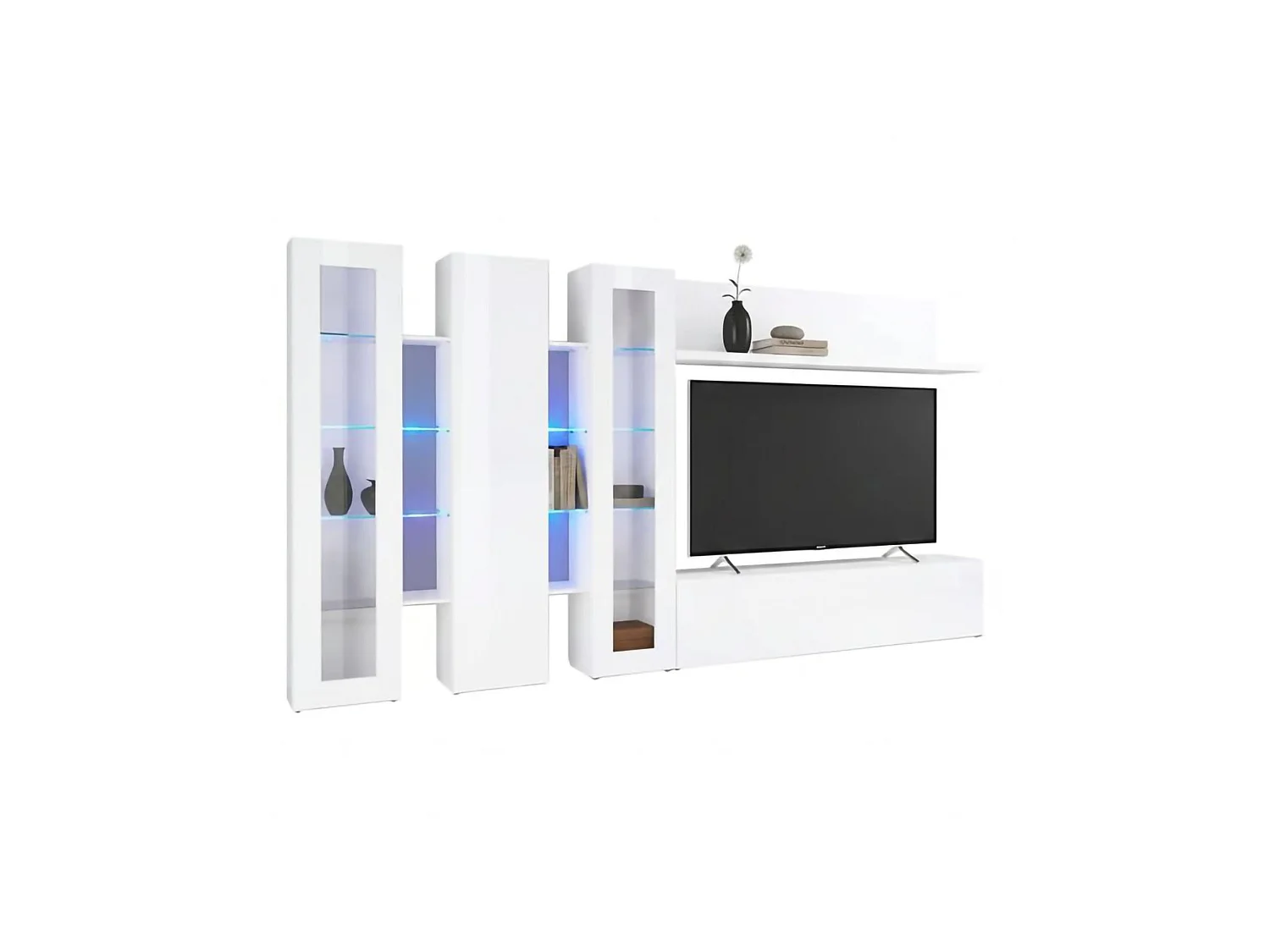 Système mural Dbenal, meuble TV 5 portes, Meuble de salon polyvalent, 100% Made in Italy, 340x30h180 cm, Blanc brillant