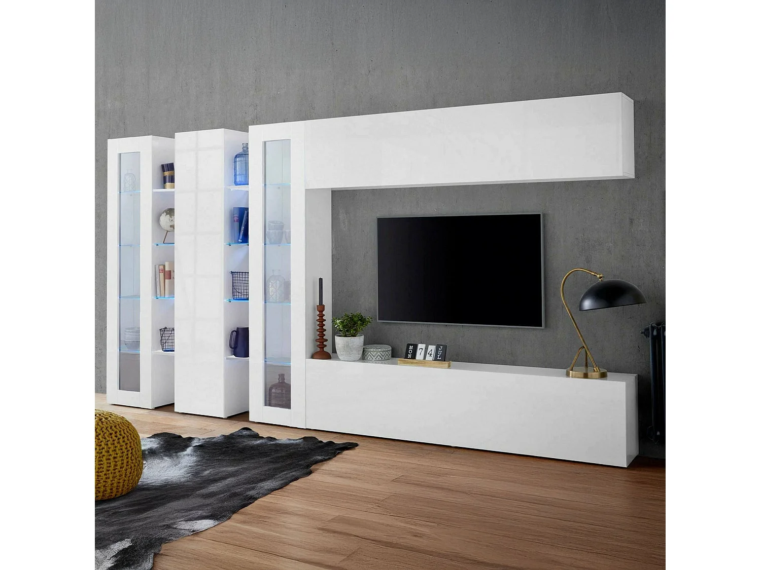 Système mural Dbenal, meuble TV 5 portes, Meuble de salon polyvalent, 100% Made in Italy, 340x30h180 cm, Blanc brillant