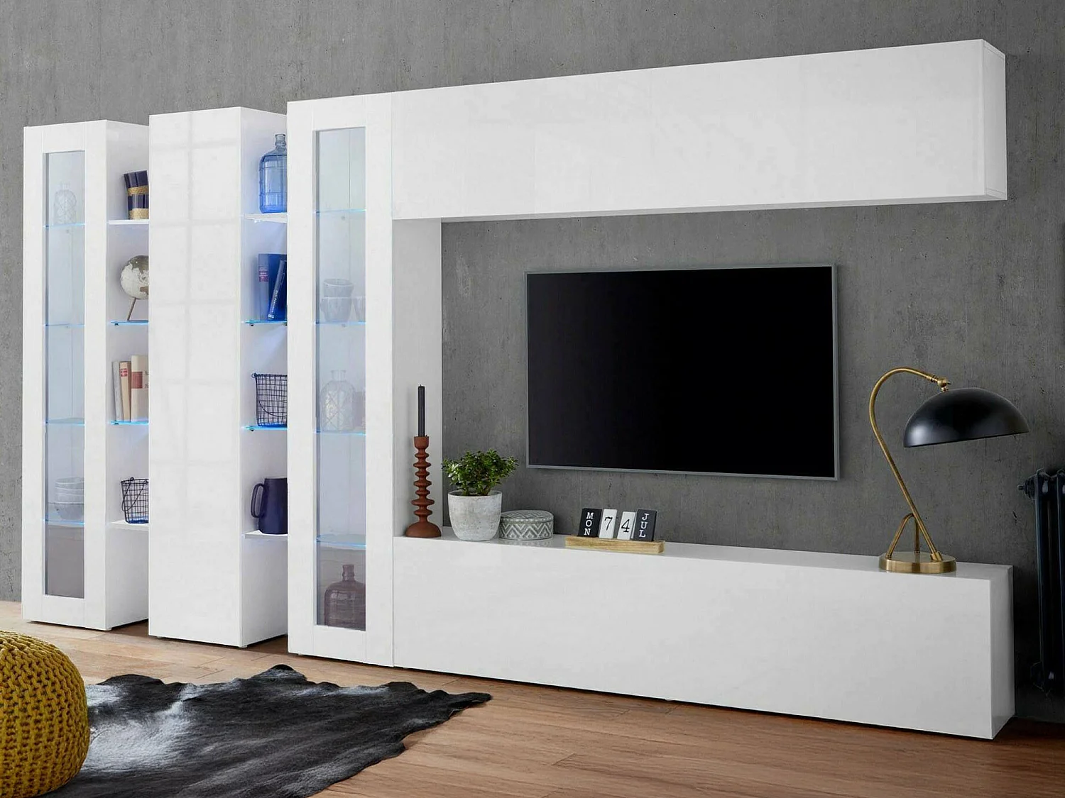 Système mural Dbenal, meuble TV 5 portes, Meuble de salon polyvalent, 100% Made in Italy, 340x30h180 cm, Blanc brillant